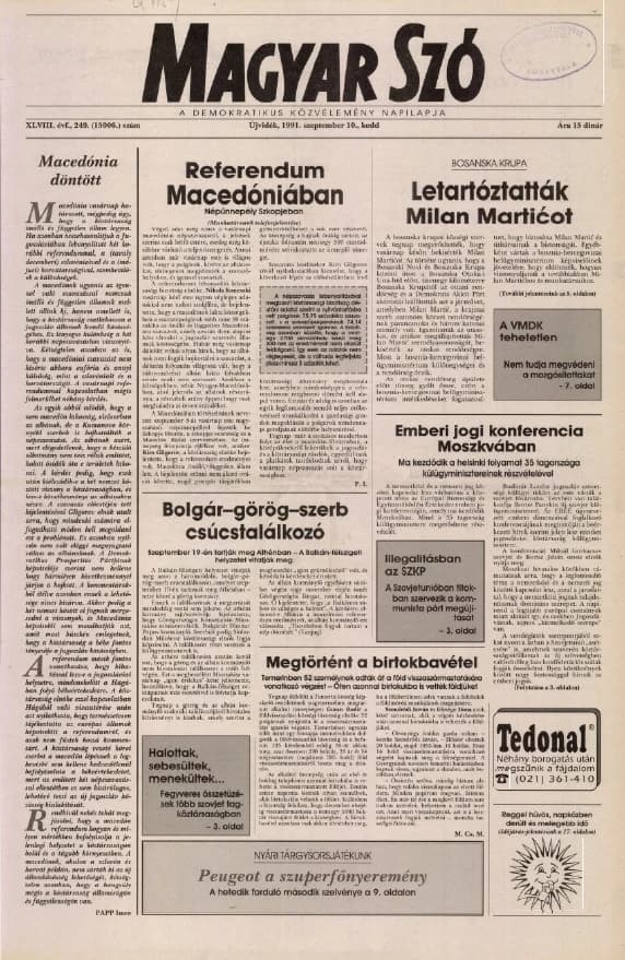 Magyar Szó, 48. évf. 1991. szeptember 10. 249. sz. 1–20. oldal