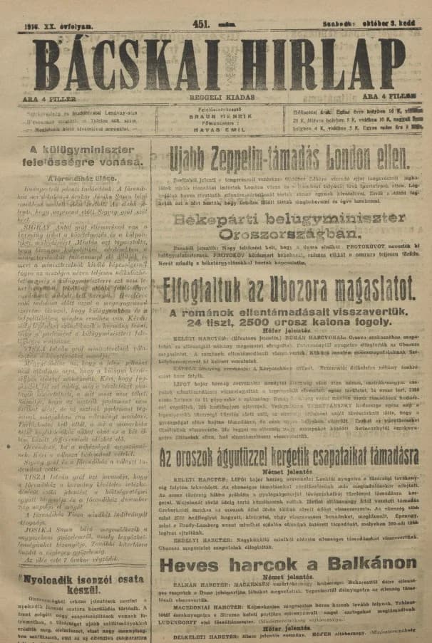 Bácskai Hirlap, 20. évf. 1916. október 3. 451. sz.