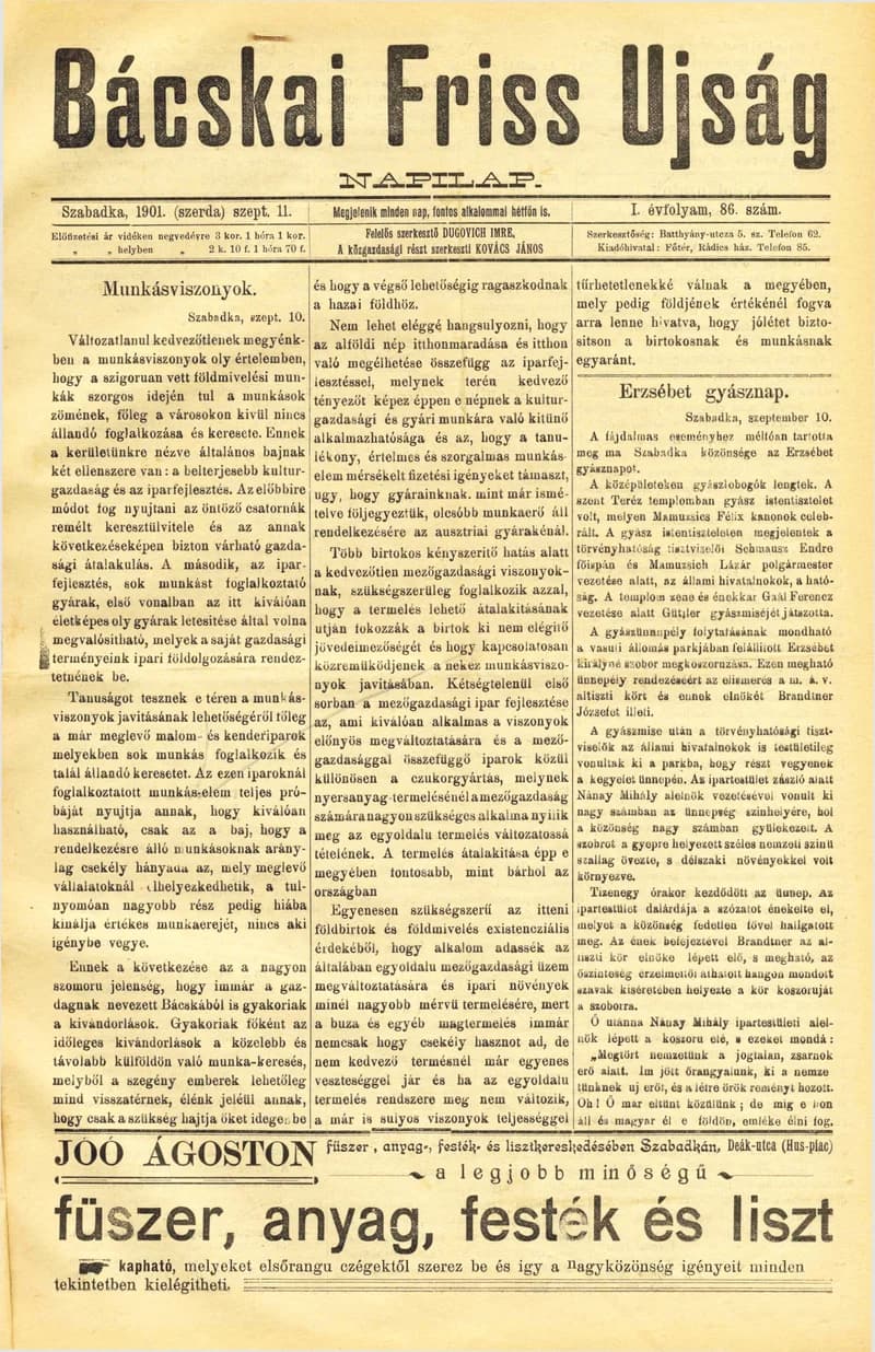 Bácskai Friss Ujság, 1. évf. 1901. szeptember 11. 86. sz.