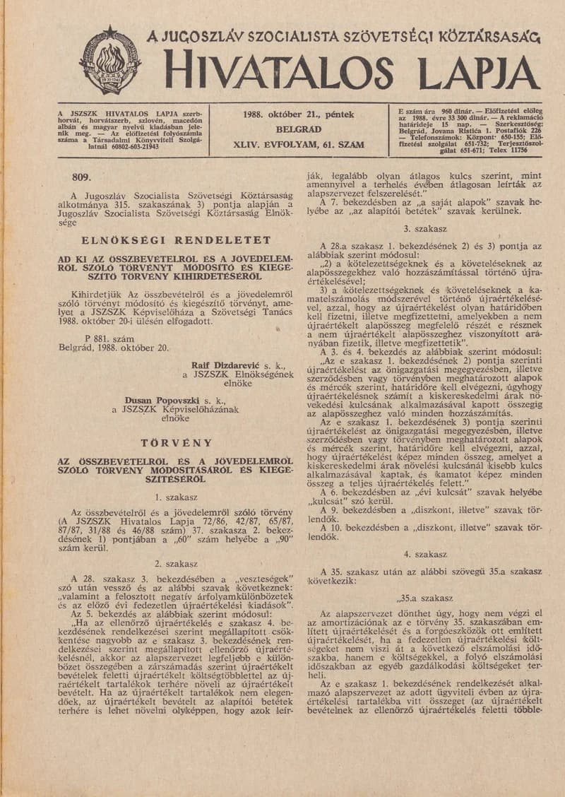 A Jugoszláv Szocialista Szövetségi Köztársaság Hivatalos Lapja, 44. évf. 1988. október 21. 61. sz. 1565–1588. oldal