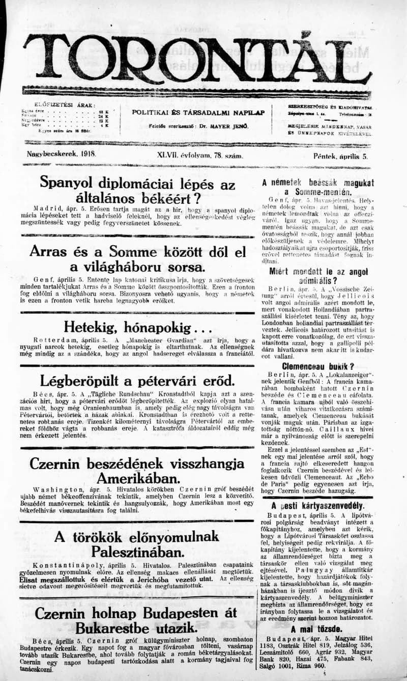 Torontál, 47. évf. 1918. április 5. 78. sz.