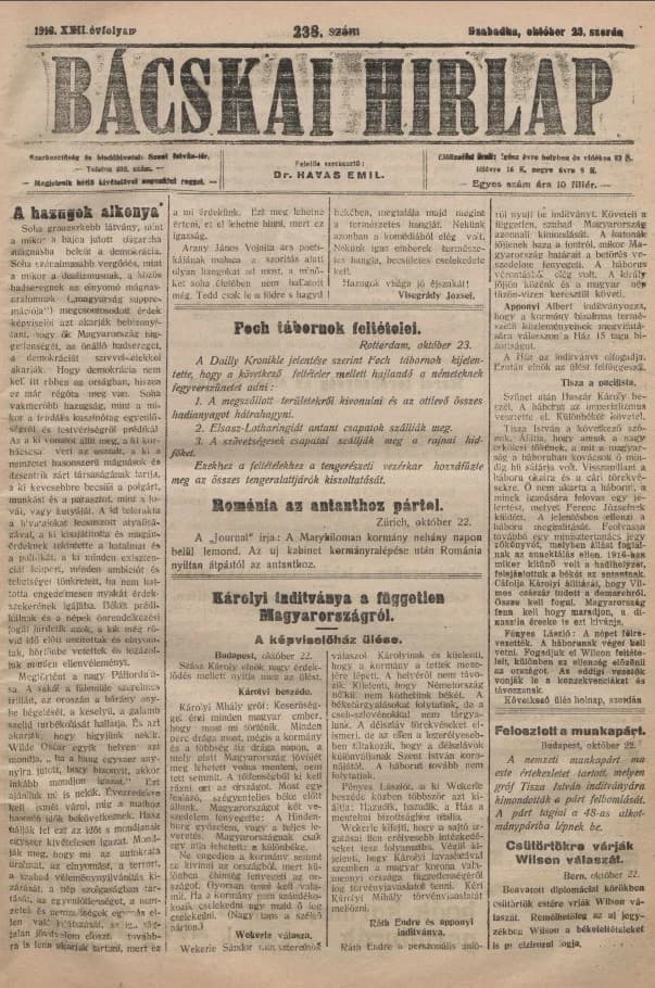 Bácskai Hirlap, 22. évf. 1918. október 23. 238. sz.