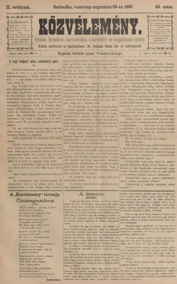 Közvélemény, 2. évf. 1887. augusztus 28. 35. sz.