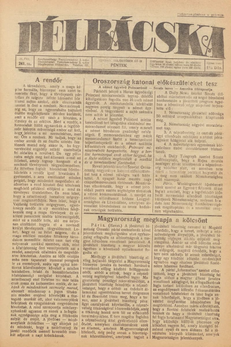 Délbácska, 4. évf. 1923. október 19. 241. sz.
