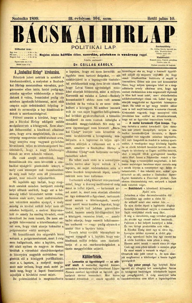 Bácskai Hirlap, 3. évf. 1899. július 10. 104. sz.
