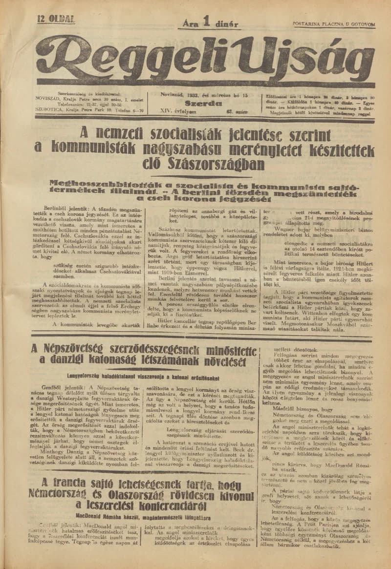 Reggeli Újság, 14. évf. 1933. március 15. 63. sz.