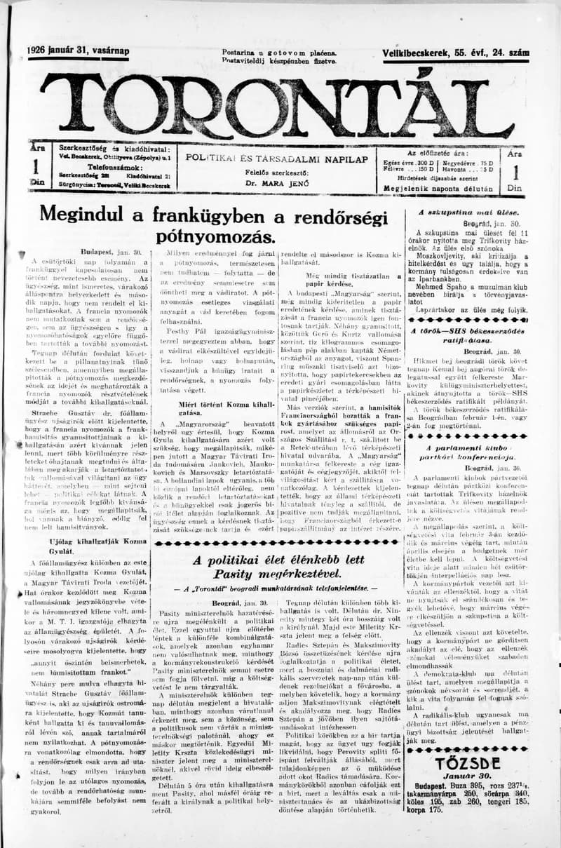 Torontál, 55. évf. 1926. január 31. 24. sz.