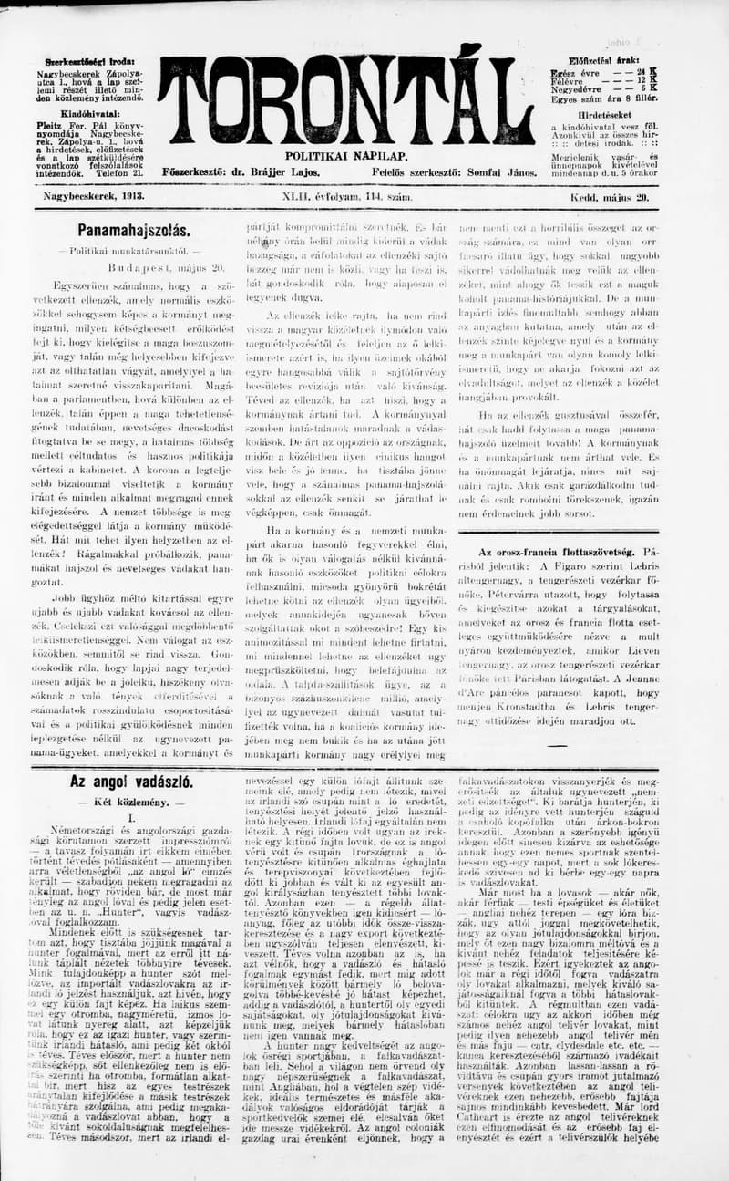 Torontál, 42. évf. 1913. május 20. 114. sz.
