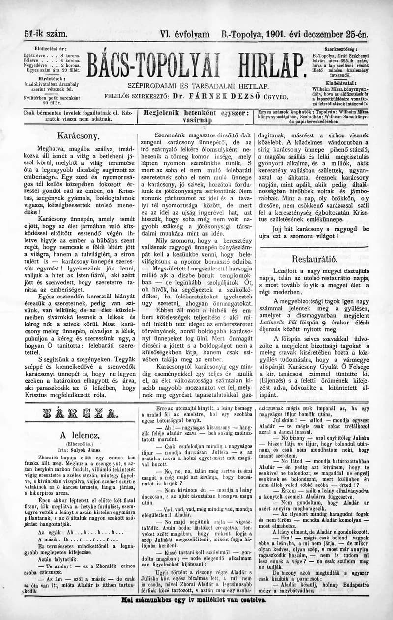 Bács-Topolyai Hirlap, 6. évf. 1901. december 25. 51. sz.