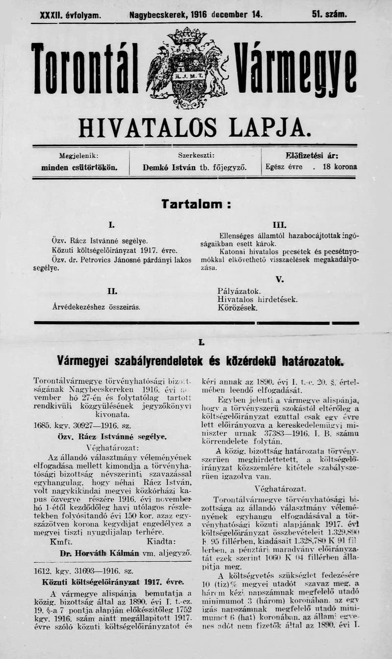 Torontál Vármegye Hivatalos Lapja, 32. évf. 1916. december 14. 51. sz.