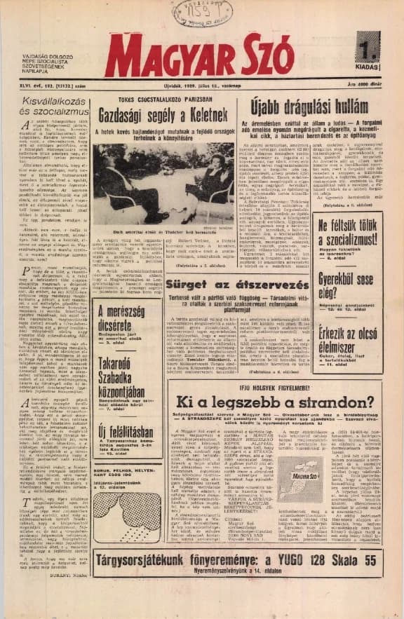Magyar Szó, 46. évf. 1989. július 16. 192. sz. 1–32. oldal