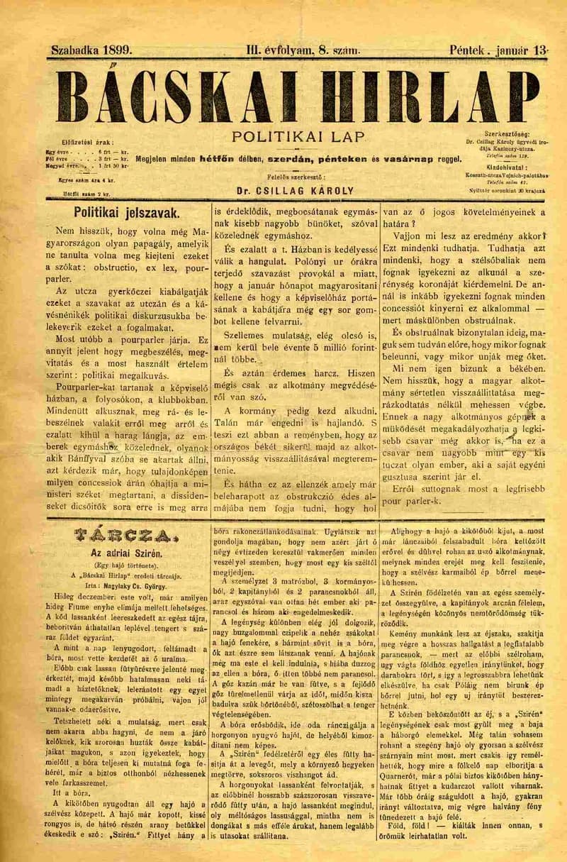Bácskai Hirlap, 3. évf. 1899. január 13. 8. sz.