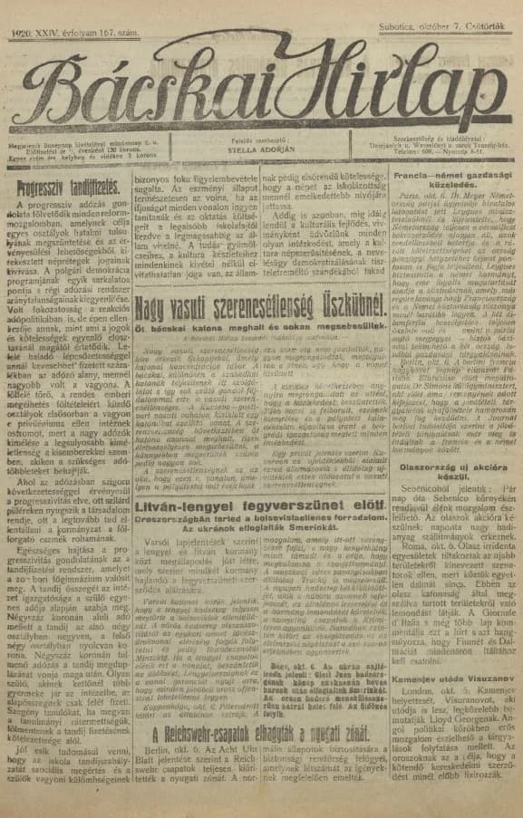 Bácskai Hirlap, 24. évf. 1920. október 7. 167. sz.