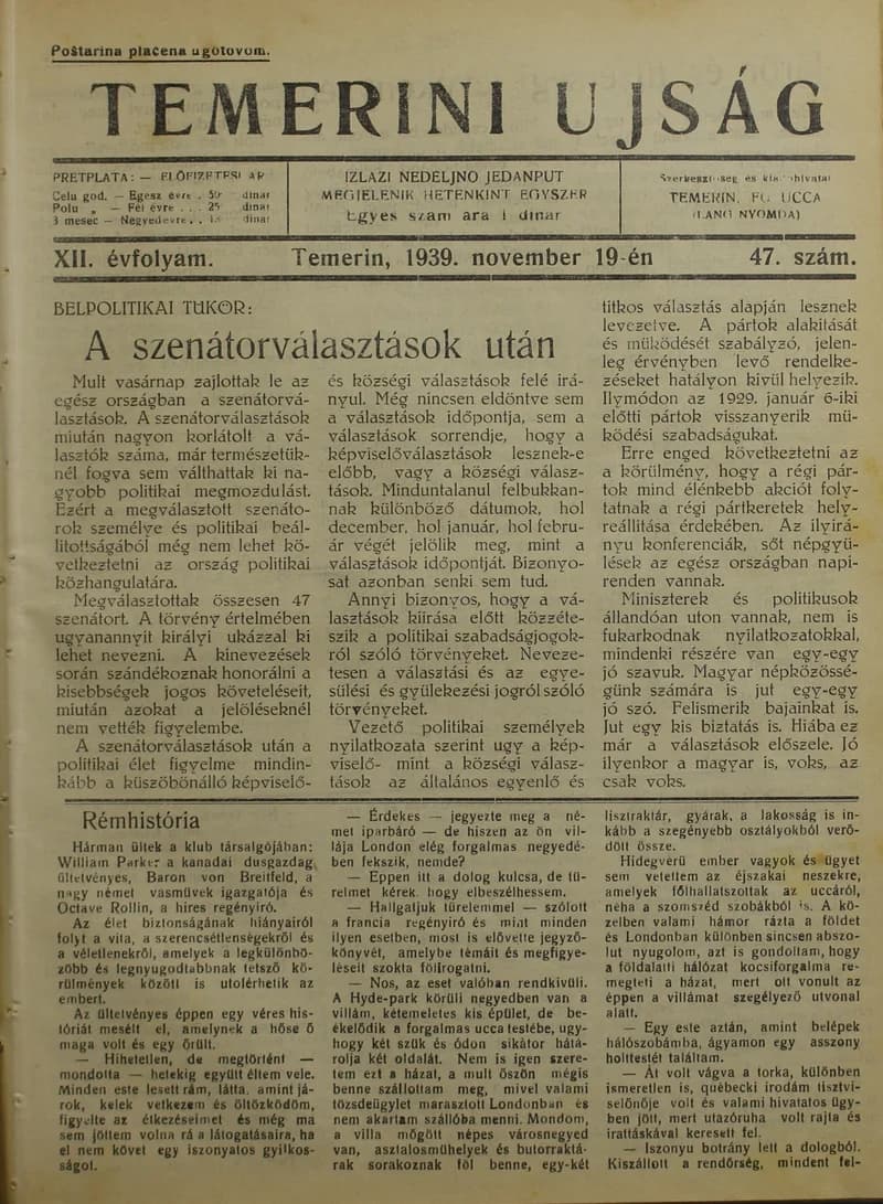 Temerini Újság 1928-1944, 12. évf. 1939. november 19. 47. sz.