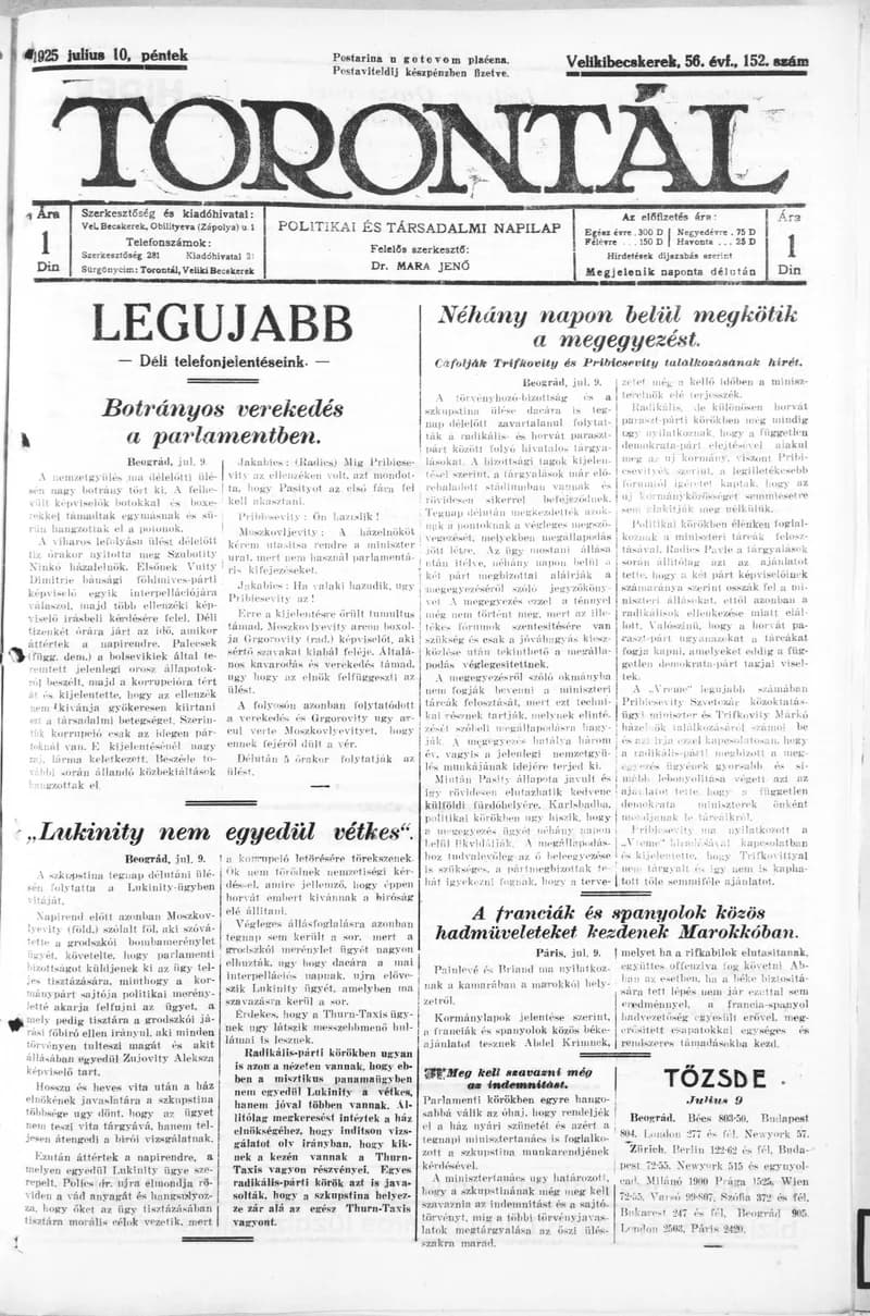 Torontál, 54. évf. 1925. július 10. 152. sz.