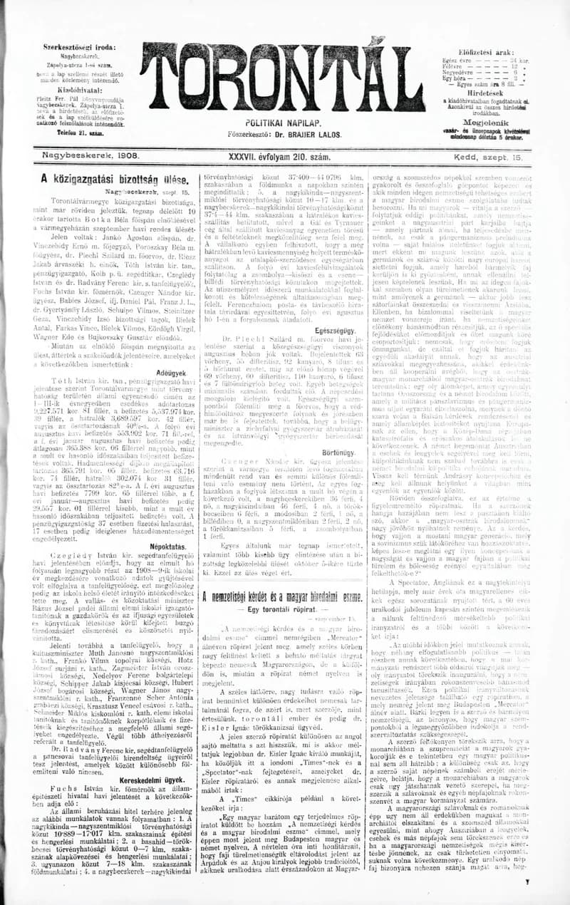 Torontál, 37. évf. 1908. szeptember 15. 210. sz.