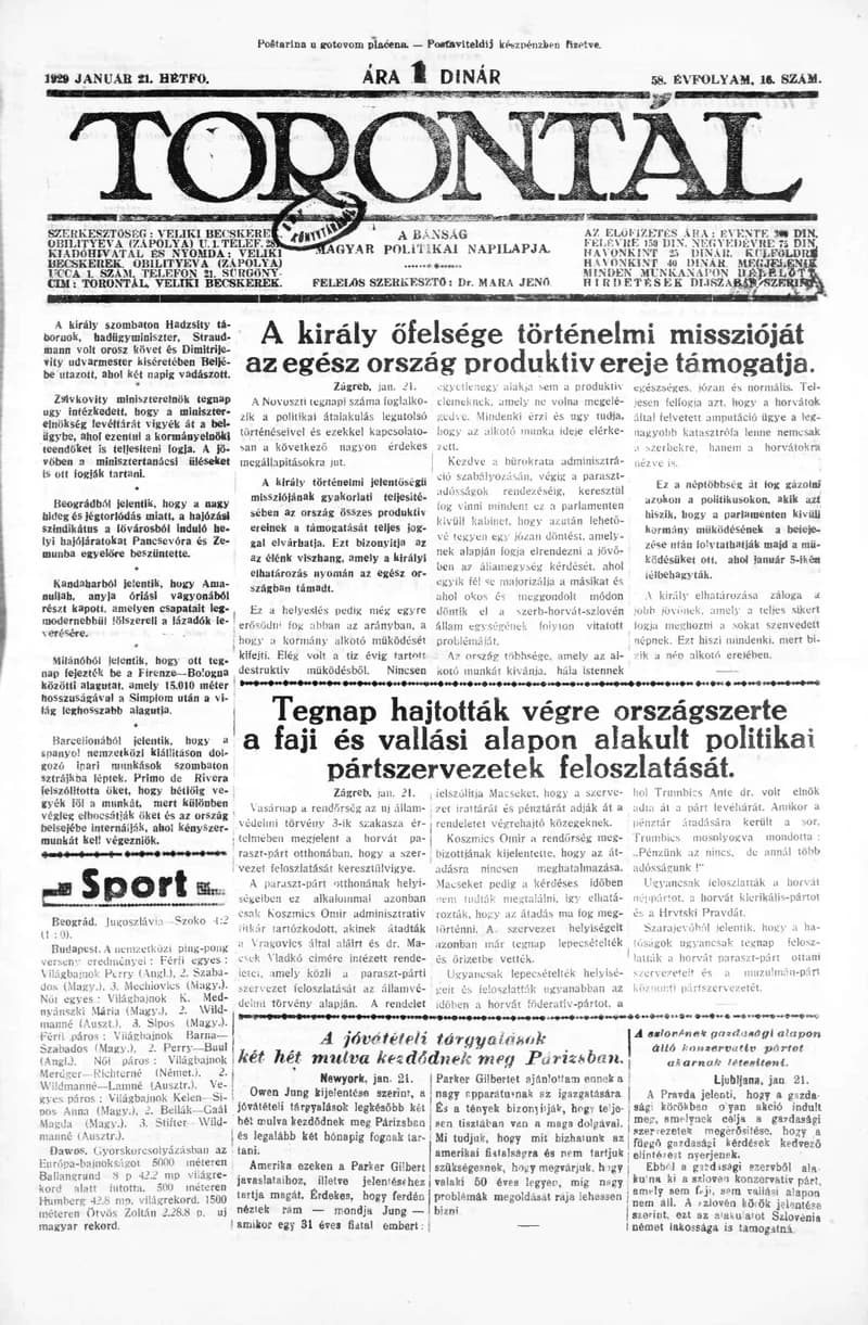 Torontál, 58. évf. 1929. január 21. 16. sz.