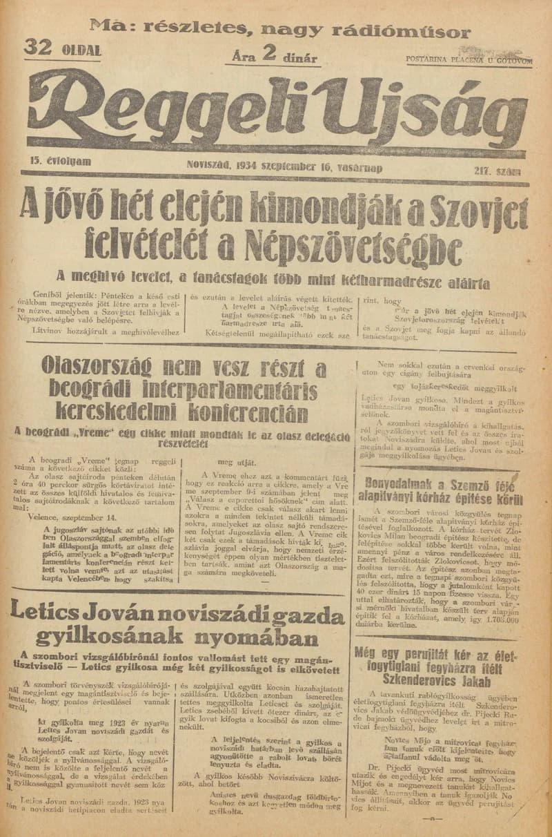 Reggeli Újság, 15. évf. 1934. szeptember 16. 217. sz.