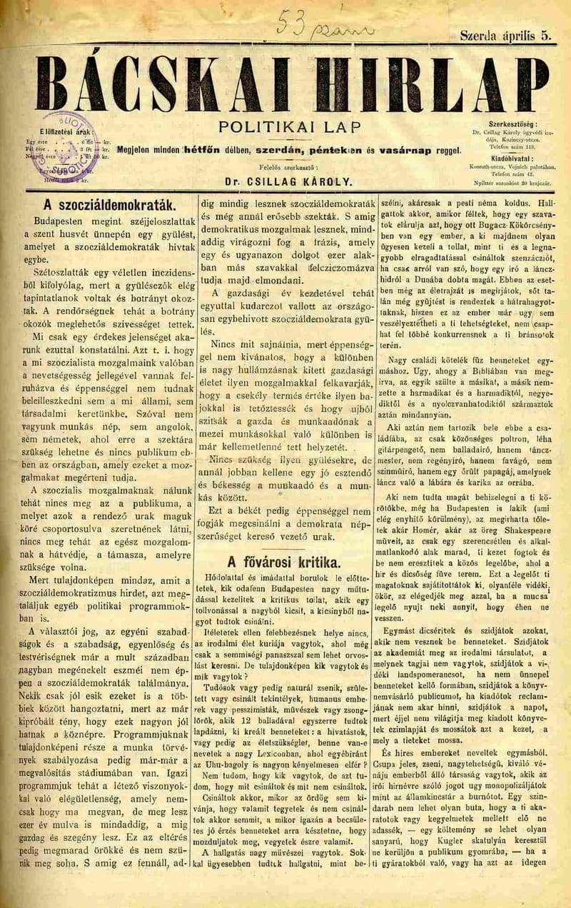 Bácskai Hirlap, 3. évf. 1899. április 5. 53. sz.