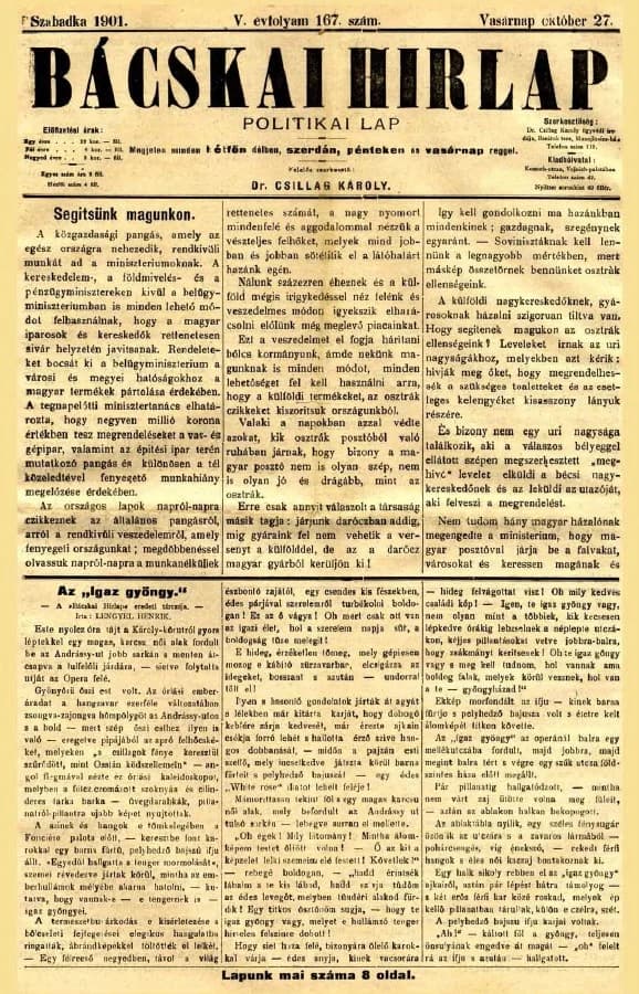 Bácskai Hirlap, 5. évf. 1901. október 27. 167. sz.