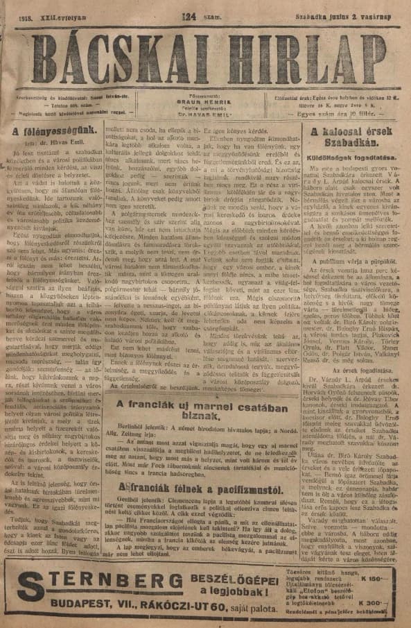 Bácskai Hirlap, 22. évf. 1918. június 2. 124. sz.