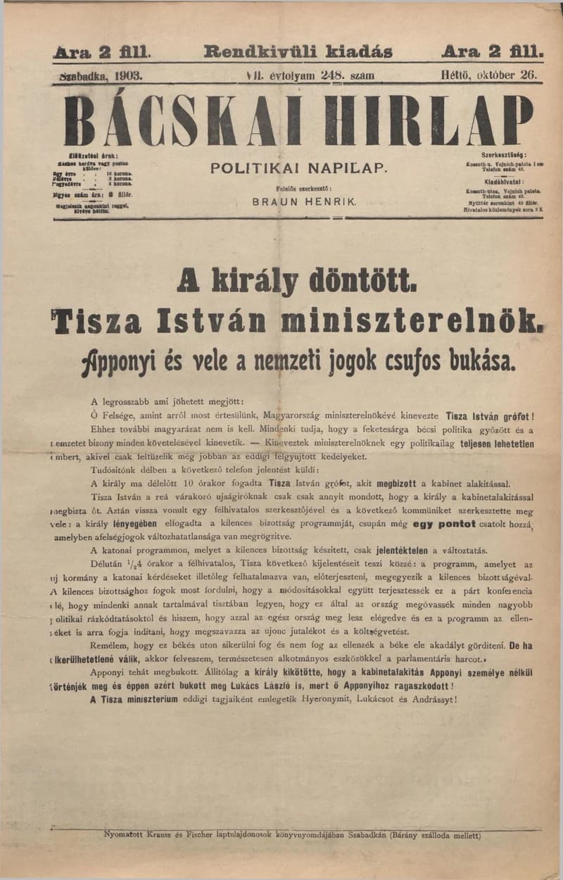 Bácskai Hirlap, 7. évf. 1903. október 26. 248. sz.