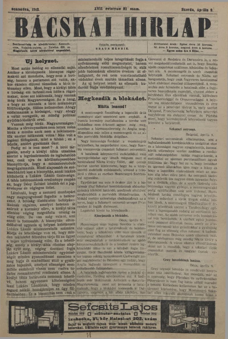 Bácskai Hirlap, 17. évf. 1913. április 9. 81. sz.