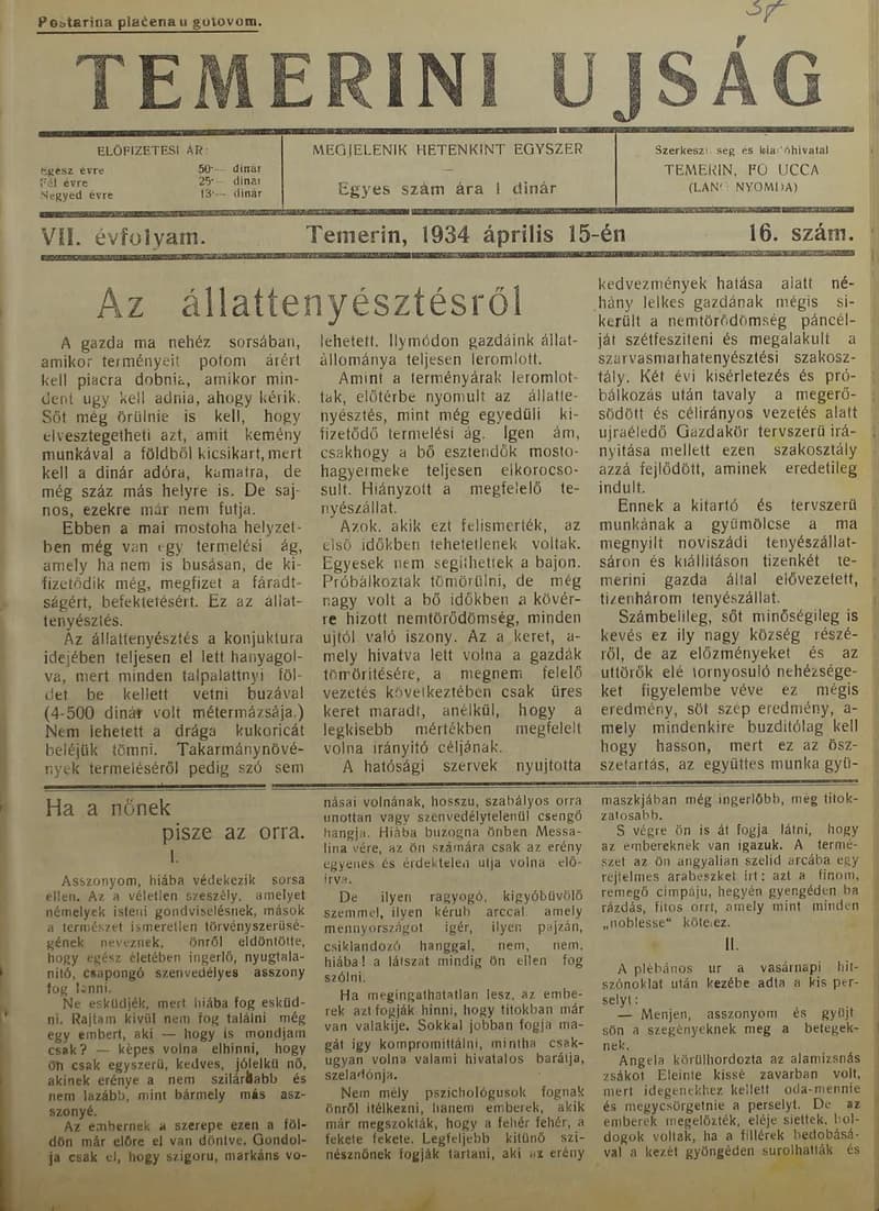 Temerini Újság 1928-1944, 7. évf. 1934. április 15. 16. sz.