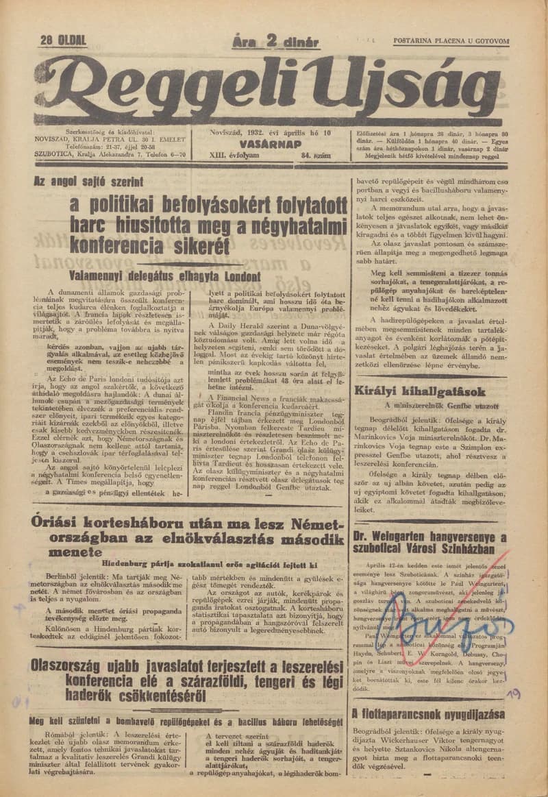 Reggeli Újság, 13. évf. 1932. április 10. 84. sz.