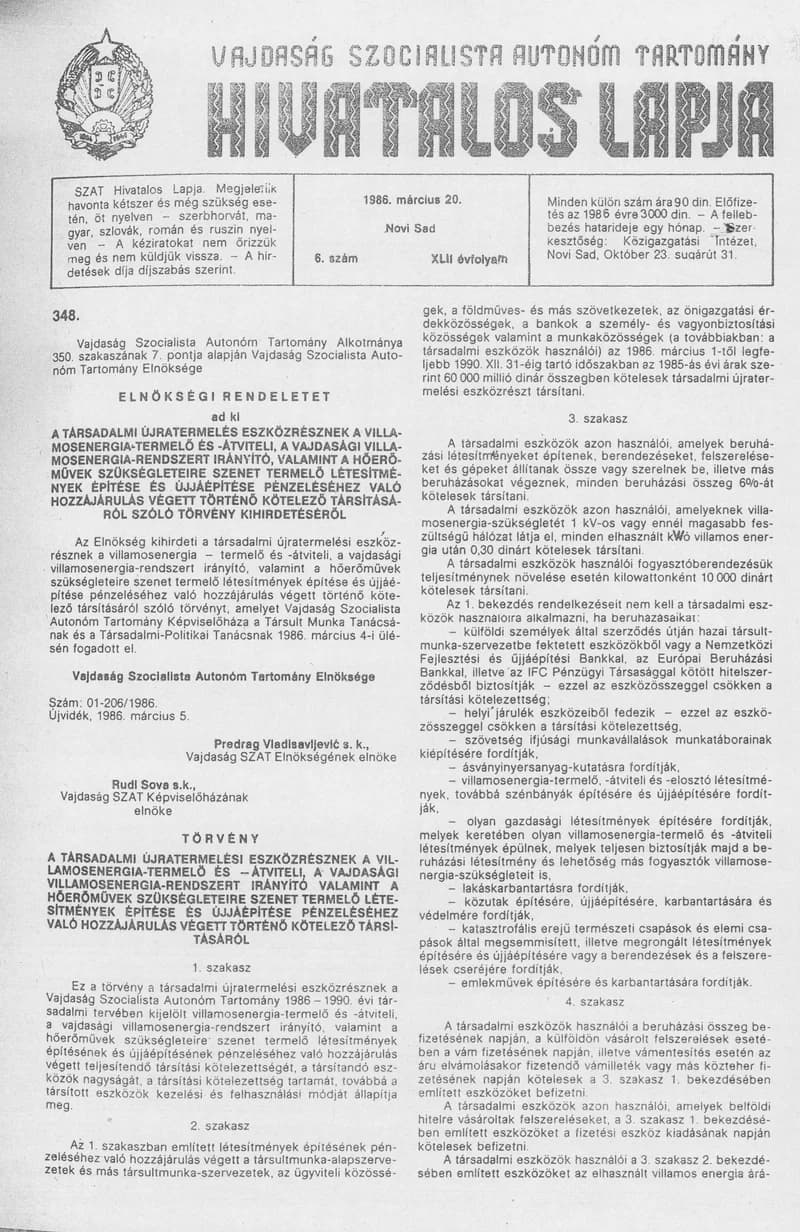 Vajdaság Szocialista Autonóm Tartomány Hivatalos Lapja, 42. évf. 1986. március 20. 6. sz.