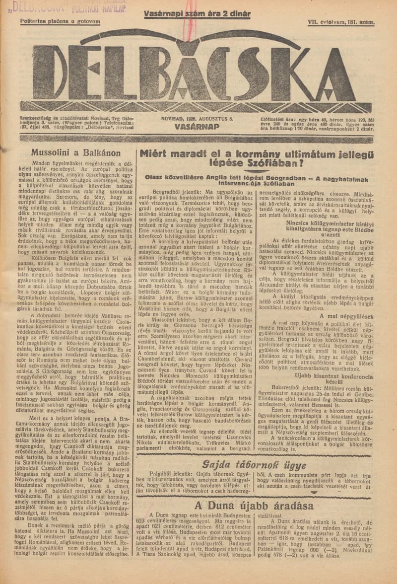 Délbácska, 7. évf. 1926. augusztus 8. 181. sz.