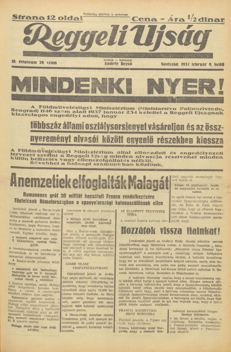 Reggeli Újság, 18. évf. 1937. február 9. 39. sz.