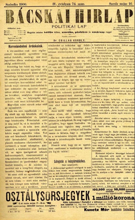 Bácskai Hirlap, 4. évf. 1900. május 16. 74. sz.