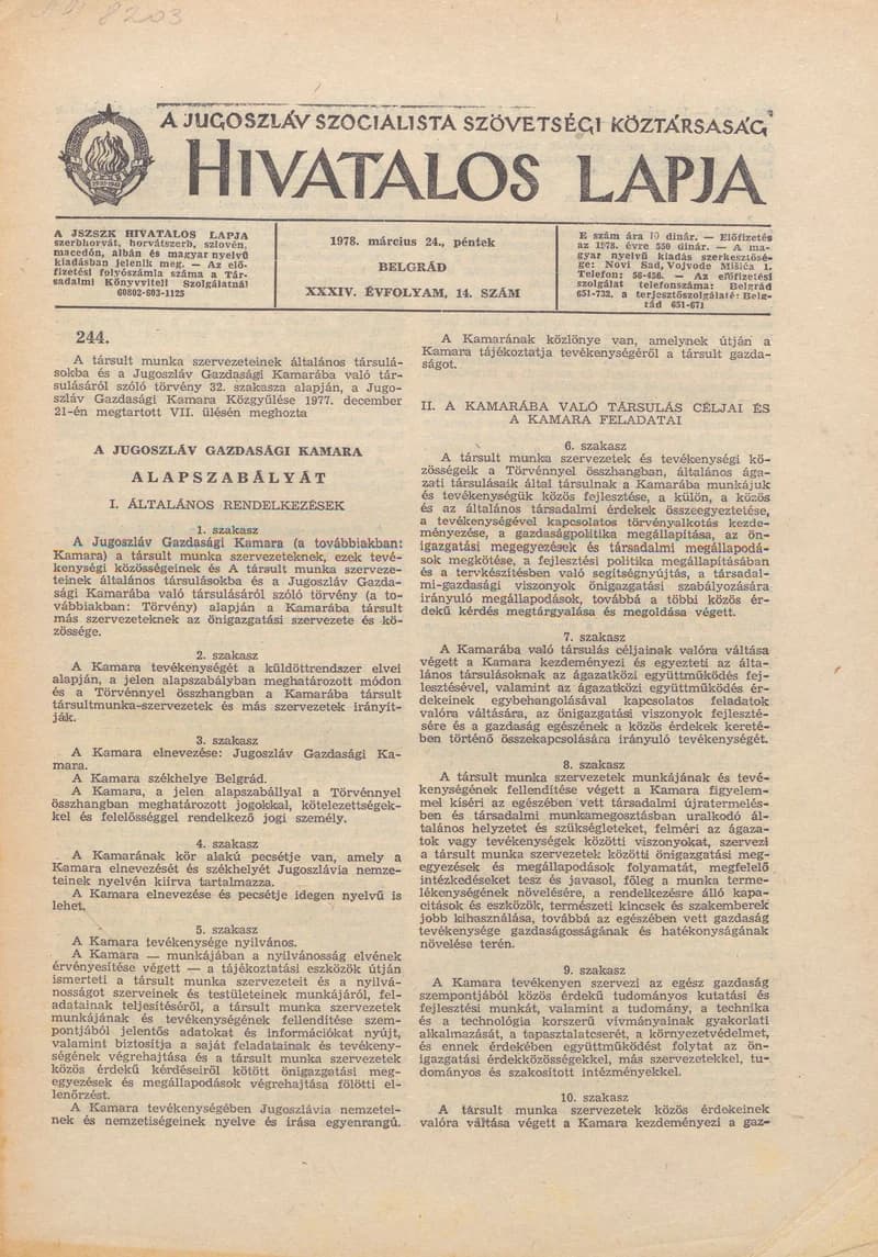 A Jugoszláv Szocialista Szövetségi Köztársaság Hivatalos Lapja, 34. évf. 1978. március 24. 14. sz. 405–444. oldal