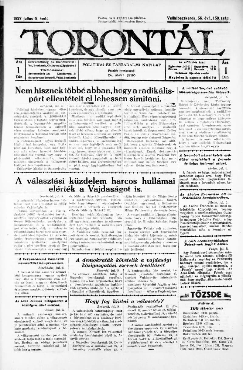 Torontál, 56. évf. 1927. július 5. 150. sz.