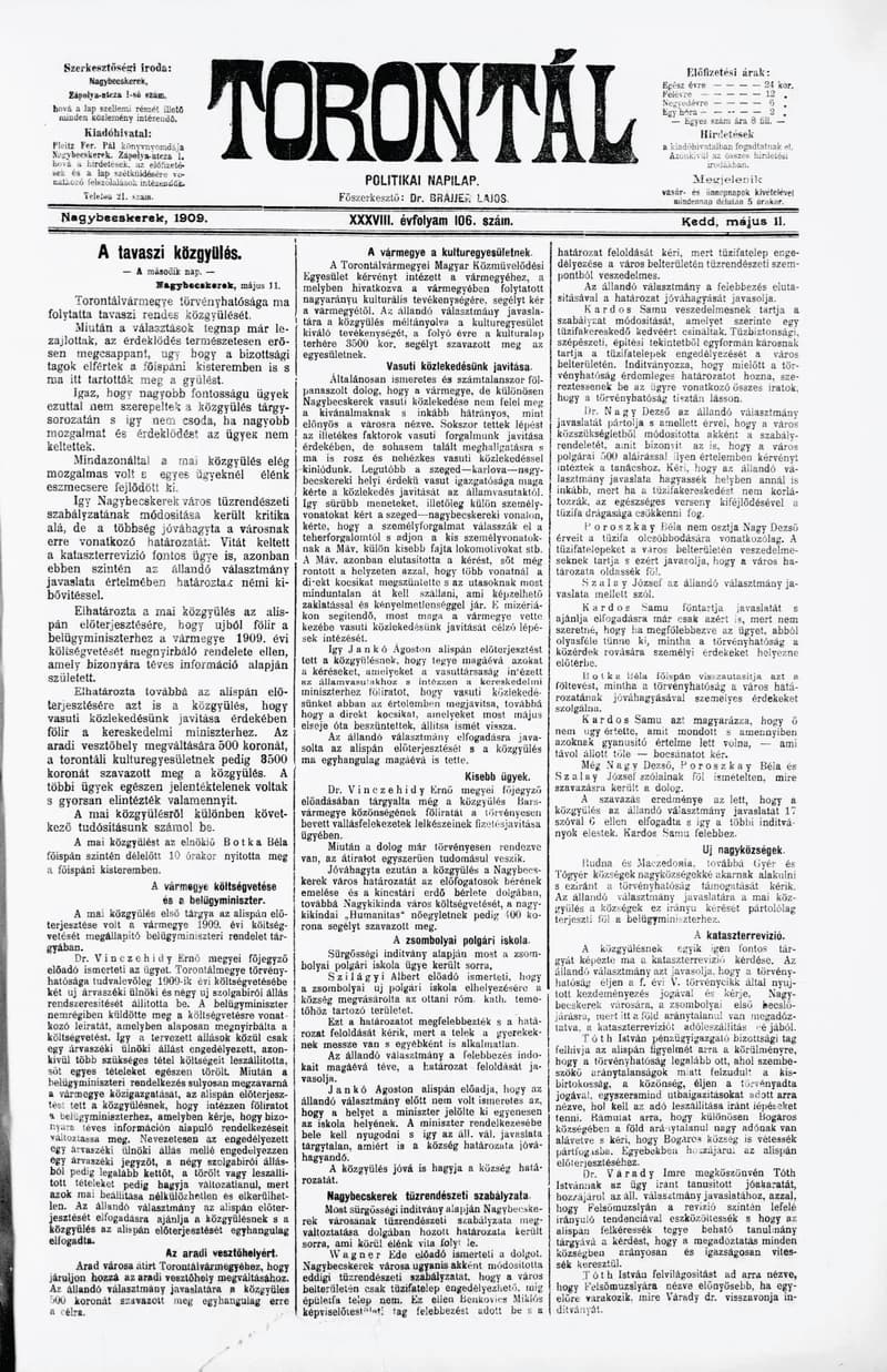 Torontál, 38. évf. 1909. május 11. 106. sz.