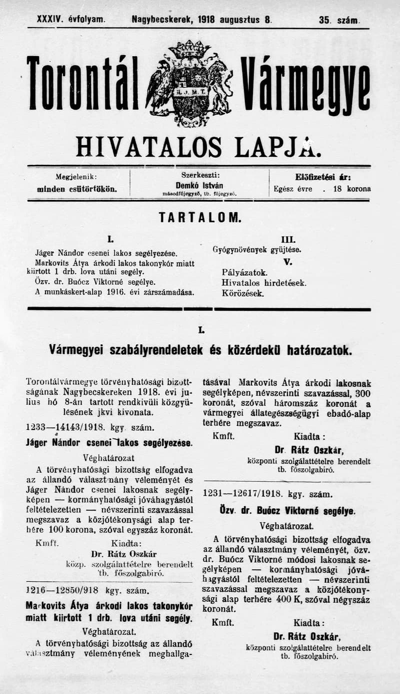 Torontál Vármegye Hivatalos Lapja, 34. évf. 1918. augusztus 8. 35. sz.