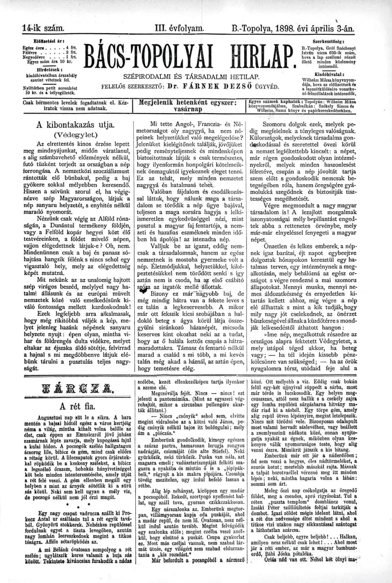 Bács-Topolyai Hirlap, 3. évf. 1898. április 3. 14. sz.