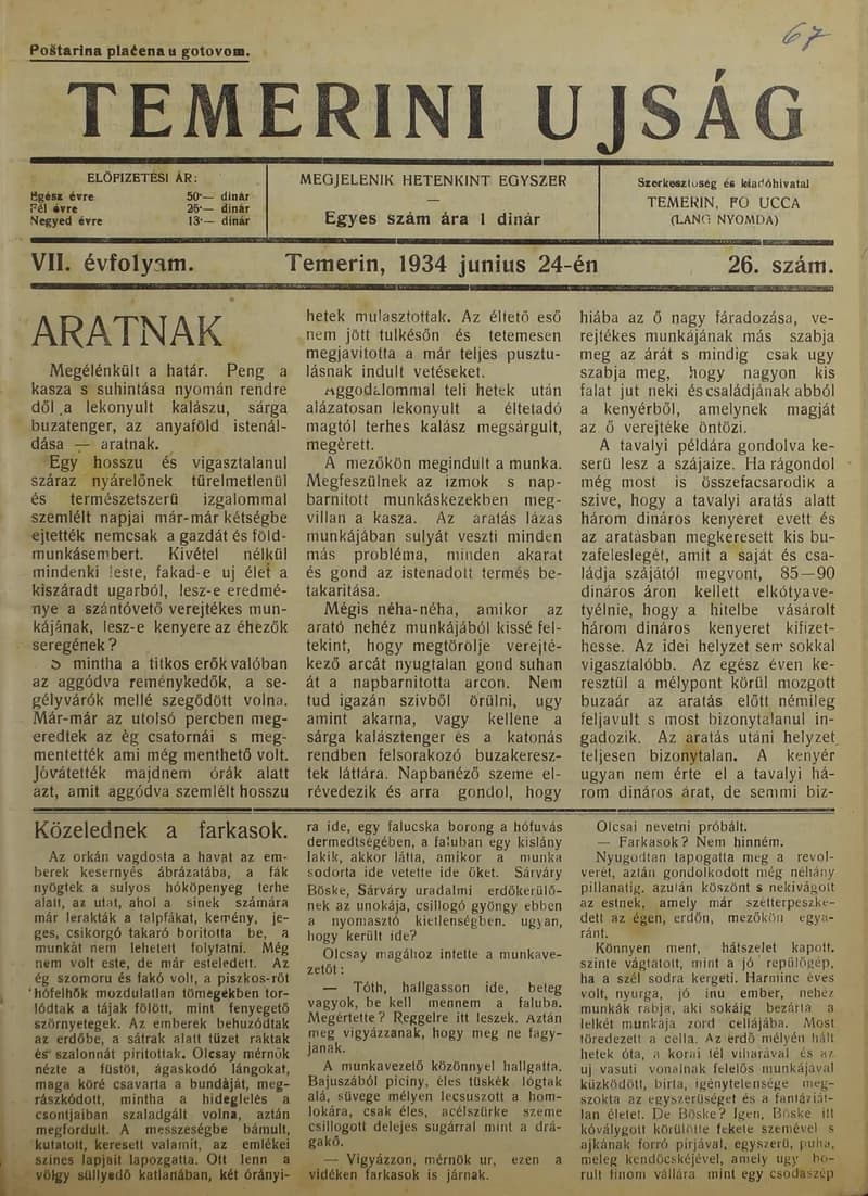 Temerini Újság 1928-1944, 7. évf. 1934. június 24. 26. sz.