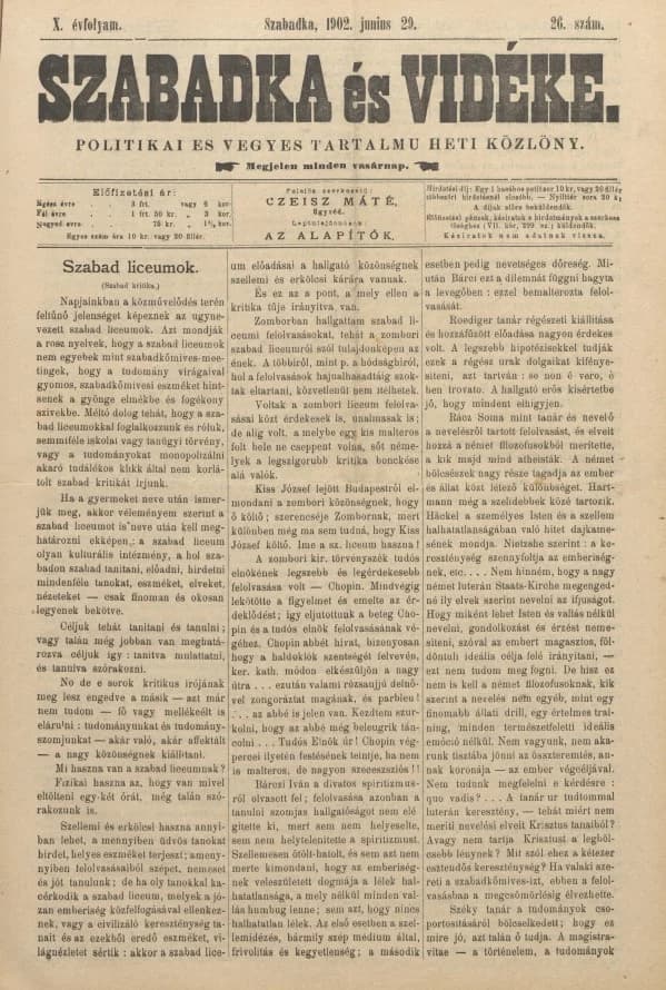 Szabadka és vidéke II, 10. évf. 1902. június 29. 26. sz.