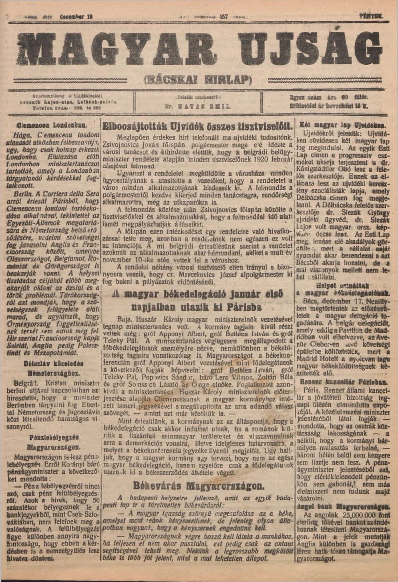 Bácskai Hirlap, 23. évf. 1919. december 19. 157. sz.
