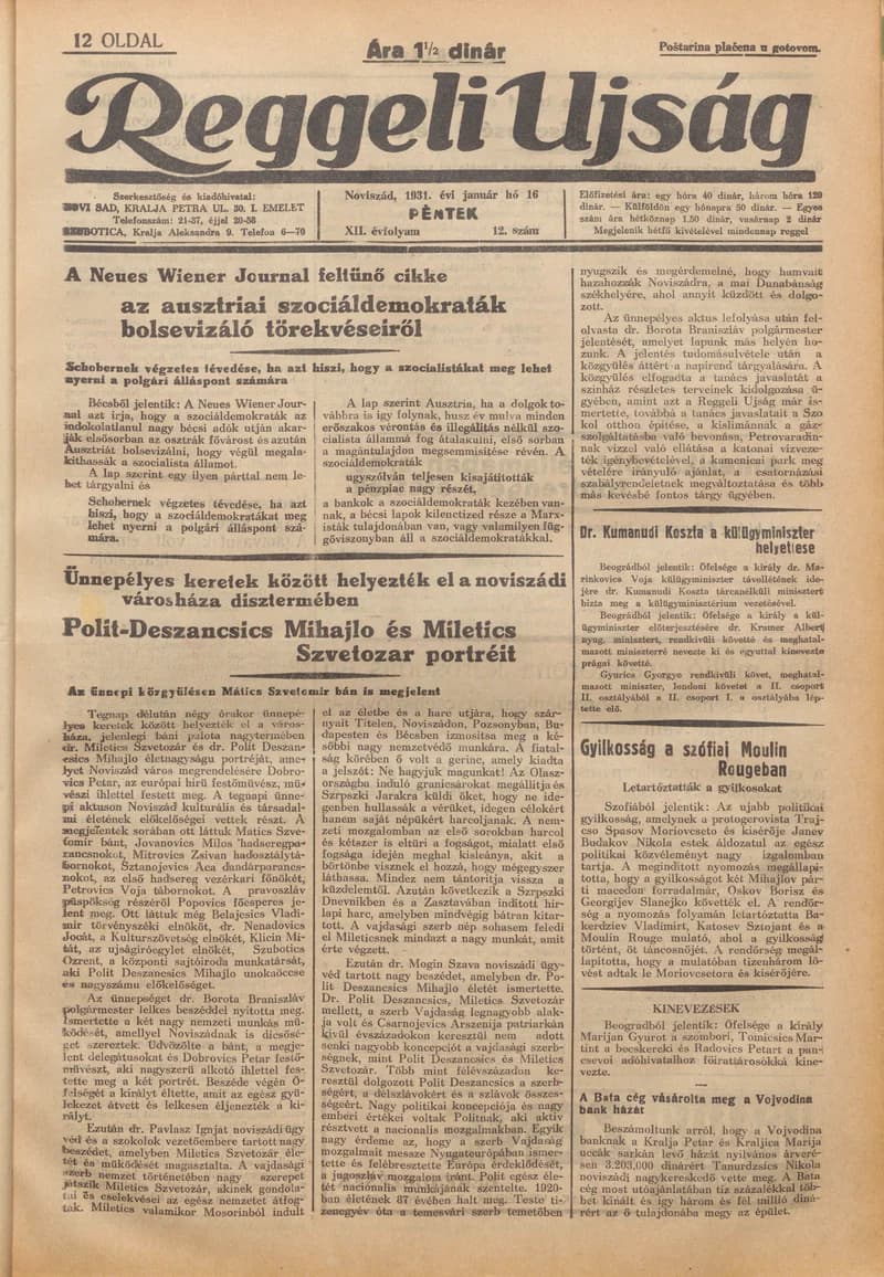 Reggeli Újság, 12. évf. 1931. január 16. 12. sz.