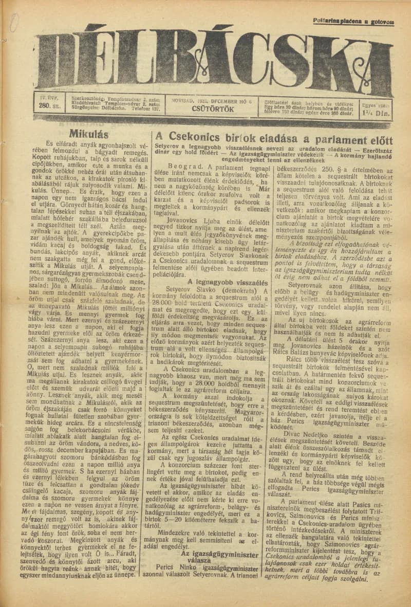 Délbácska, 4. évf. 1923. december 6. 280. sz.