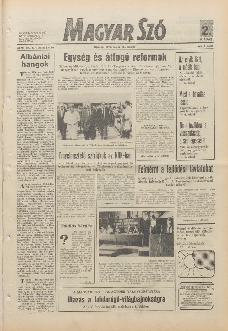 Magyar Szó, 47. évf. 1990. május 11. 127. sz. 1–24. oldal