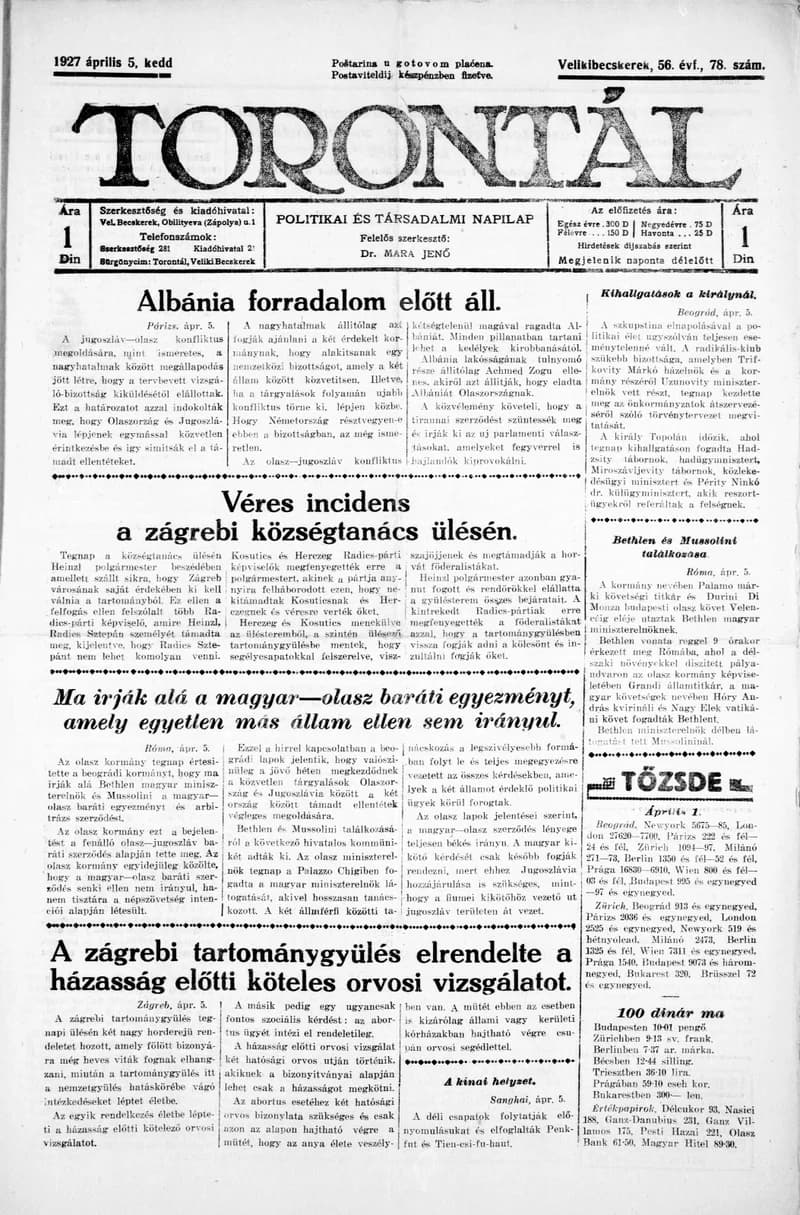 Torontál, 56. évf. 1927. április 5. 78. sz.