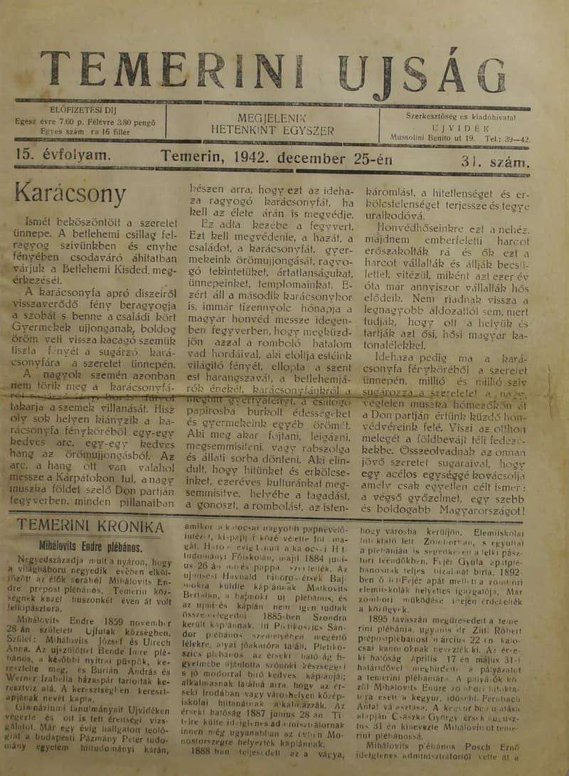 Temerini Újság 1928-1944, 15. évf. 1942. december 25. 31. sz.