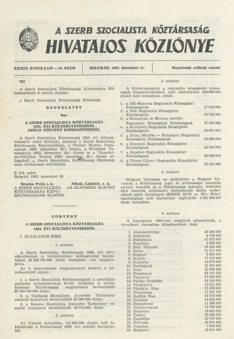A Szerb Szocialista Köztársaság Hivatalos Közlönye, 39. évf. 1983. december 31. 54. sz.