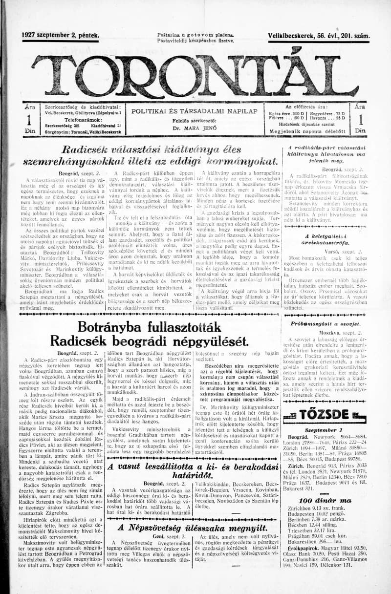 Torontál, 56. évf. 1927. szeptember 2. 201. sz.