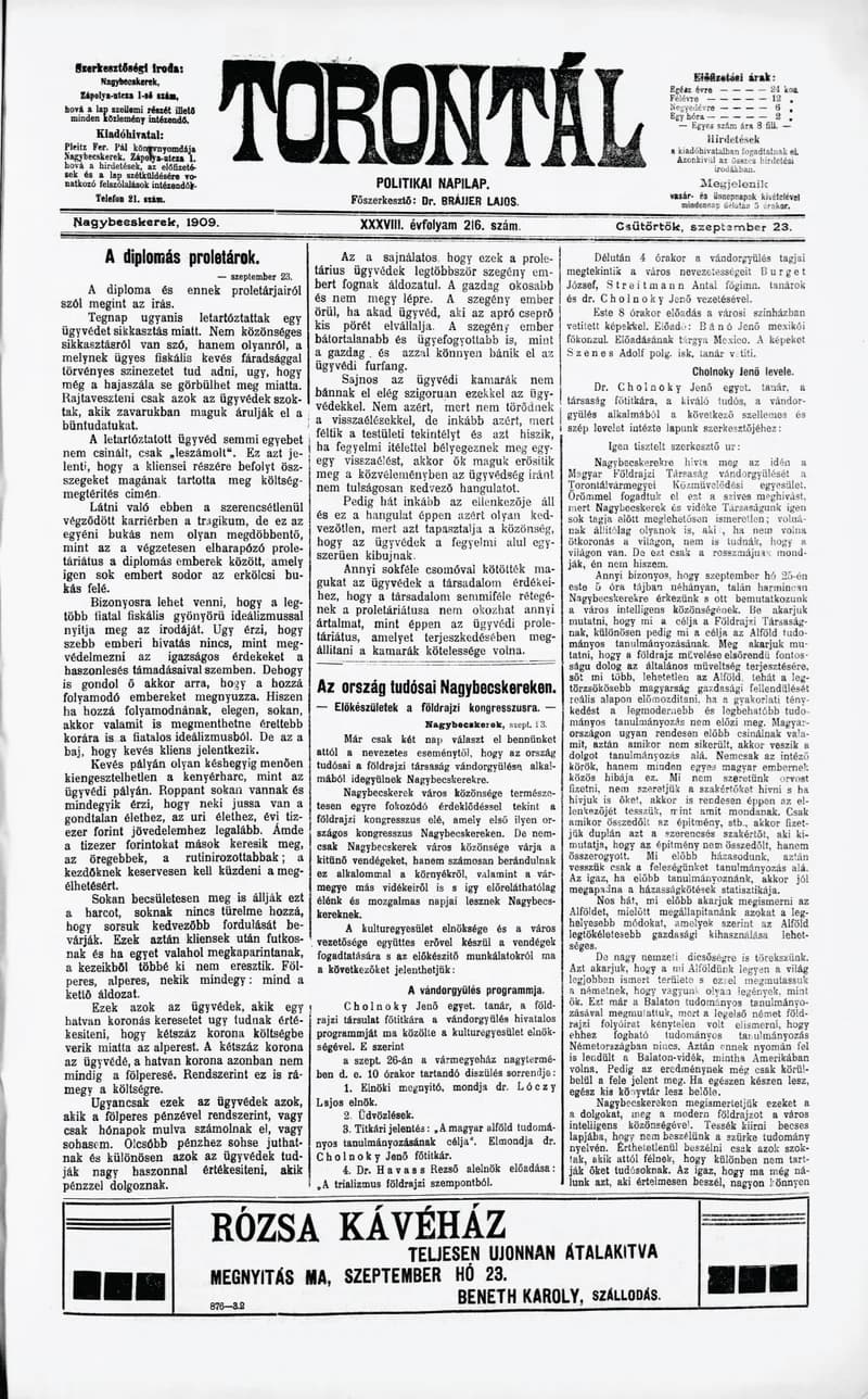 Torontál, 38. évf. 1909. szeptember 23. 216. sz.