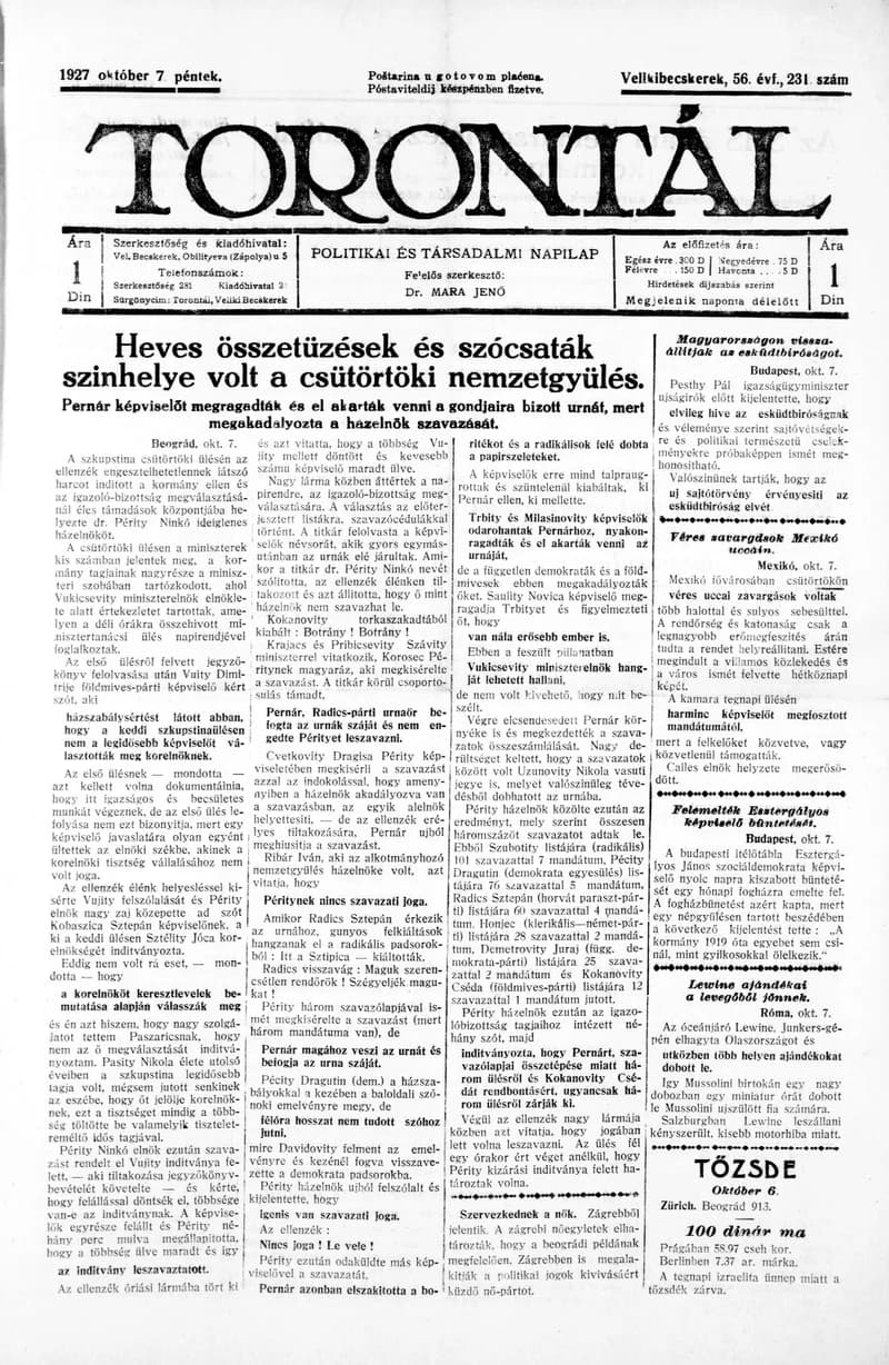 Torontál, 56. évf. 1927. október 7. 231. sz.
